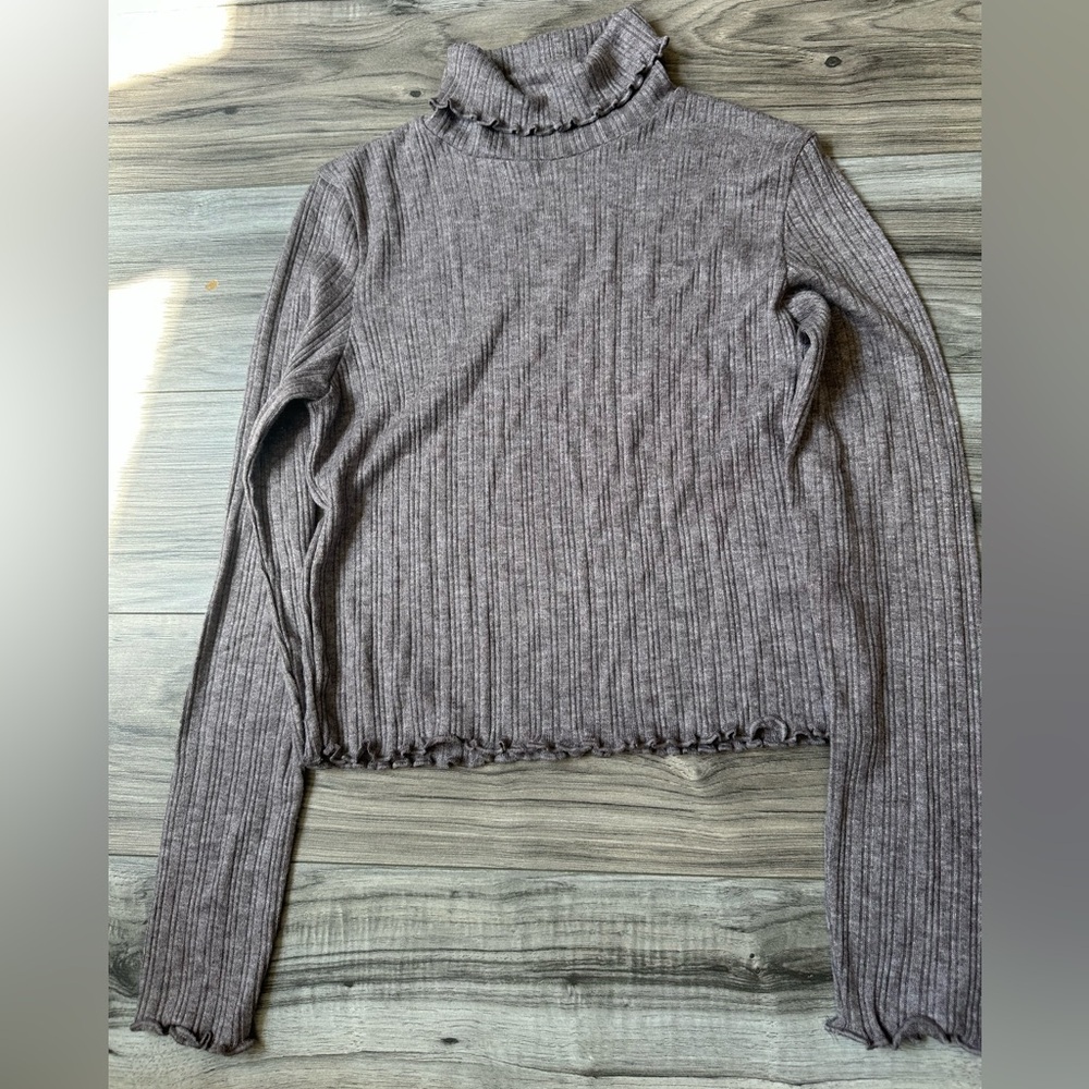 Madewell Heathered Turtleneck Ribbed Lightweight L/S Top Ruffle Detail Brown S